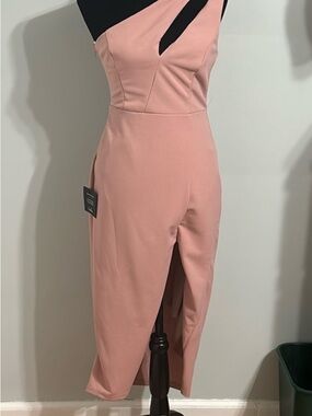 Lulus One-Shoulder Pink Midi Dress with Front Slit